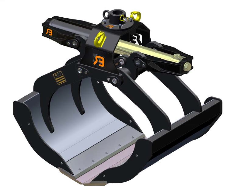 RBOX knijperbak grijper (benne clamshell bucket grabs), ontworpen voor het efficiënt oppakken en verplaatsen van zware materialen zoals schroot, zand en afval in industriële en bouwomgevingen.